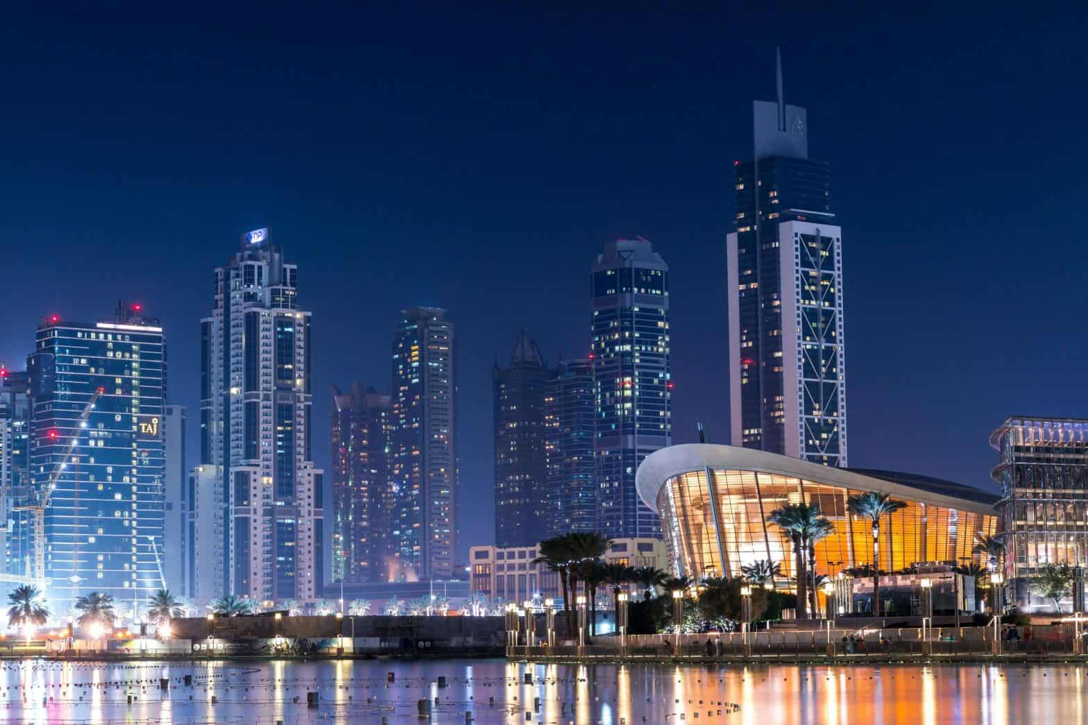 Dubai cityscape wit skyscrapers at night